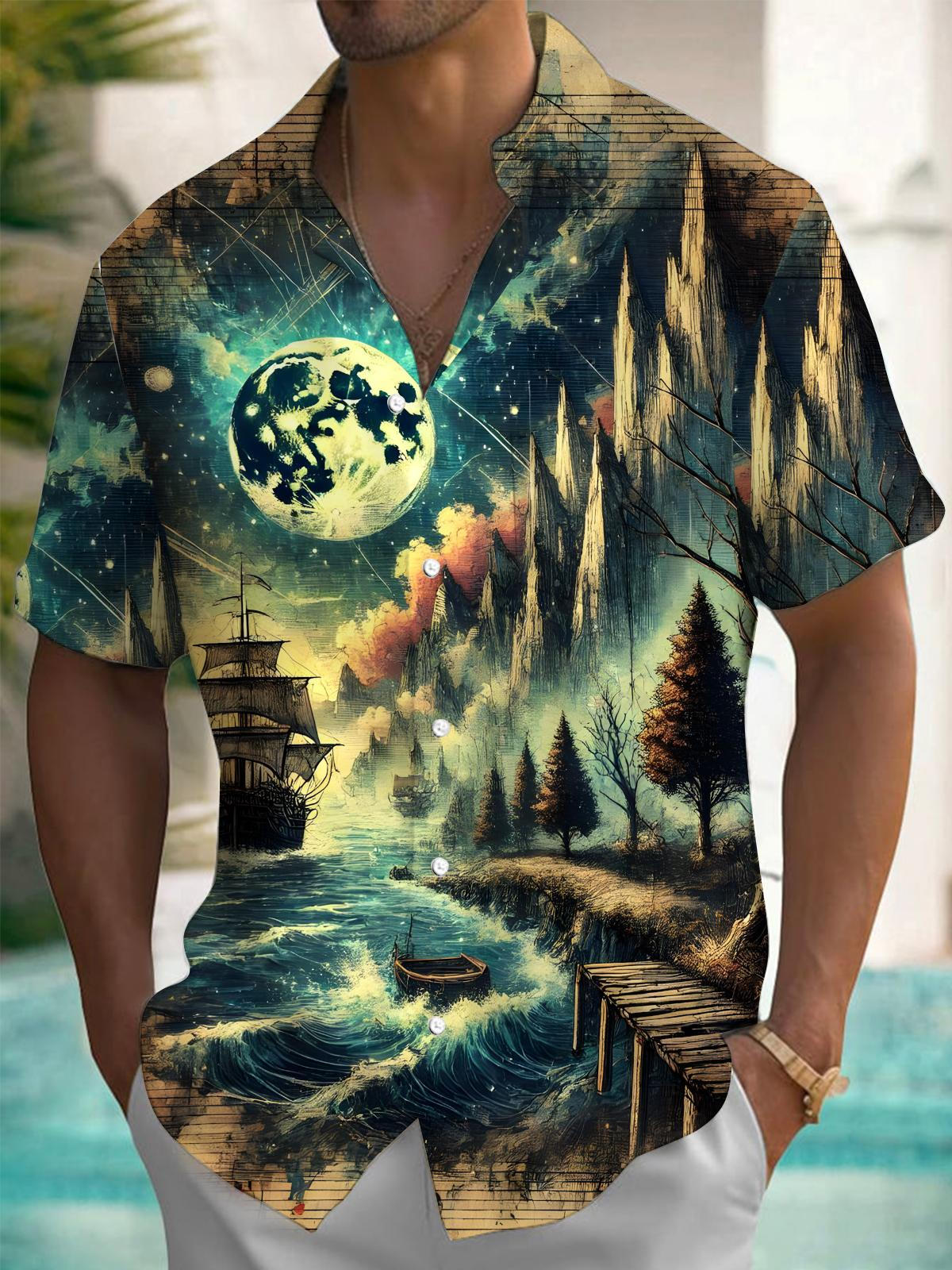 Vintage Boat Moon Men's Pocket Short Sleeve Shirts