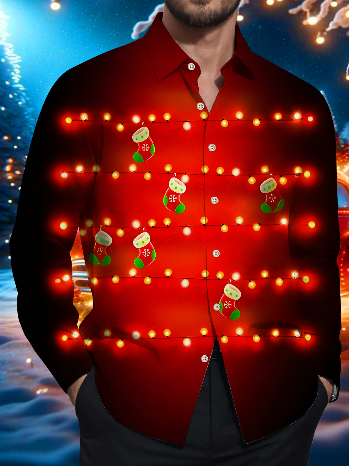 Fun Christmas Light-Up Socks Xmas Men's Pocket Long Sleeve Shirts