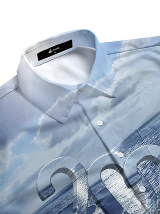 Men's blue seawater print short sleeve shirt, side view showing pocket detail