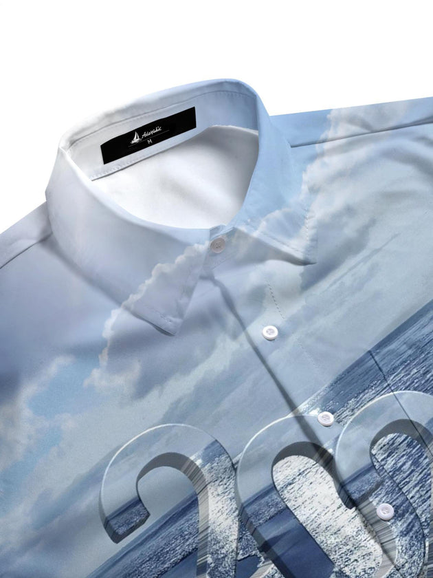 Men's blue seawater print short sleeve shirt, side view showing pocket detail