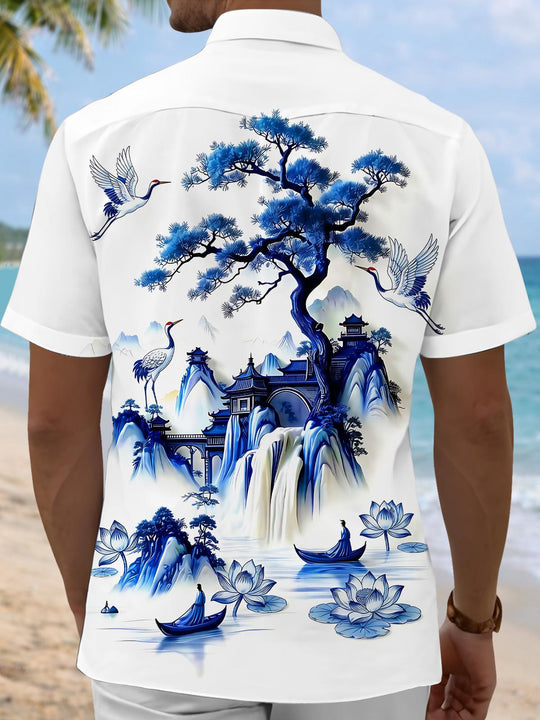 Blue And White Porcelain Landscape Red-crowned Crane Men's Pocket Short Sleeve Shirts