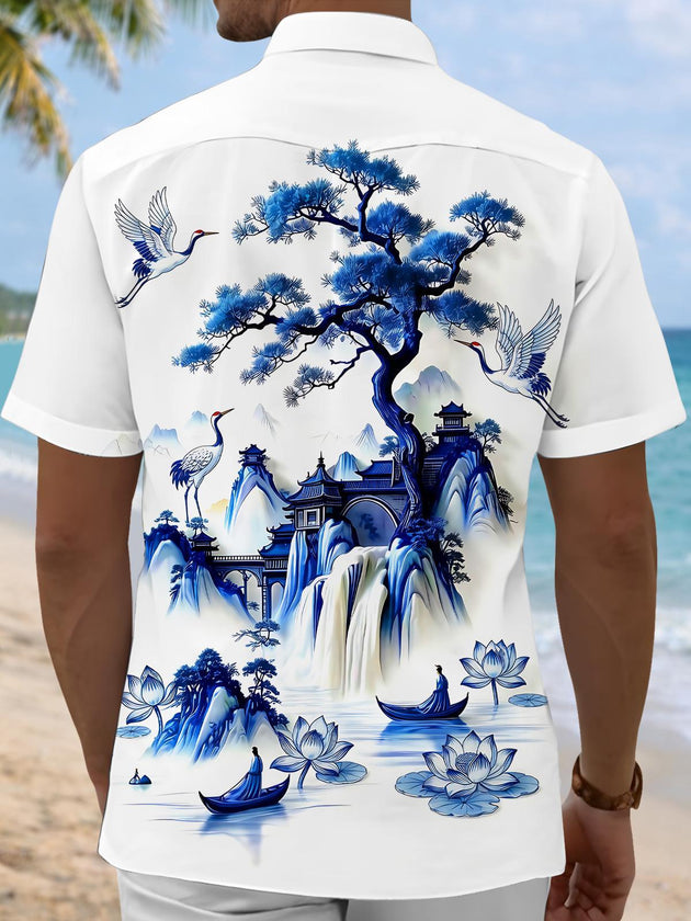 Blue And White Porcelain Landscape Red-crowned Crane Men's Pocket Short Sleeve Shirts