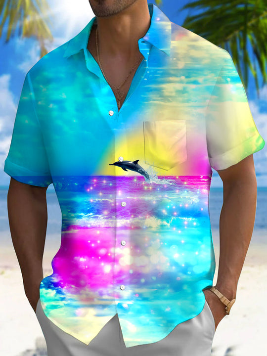 Men's blue Hawaiian short sleeve shirt front view for tropical beach vacation