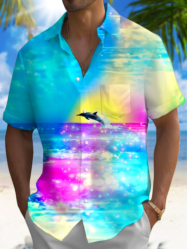 Men's blue Hawaiian short sleeve shirt front view for tropical beach vacation
