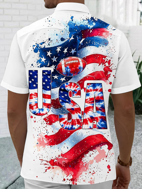 Men's patriotic tie dye American flag print short sleeve shirt back view