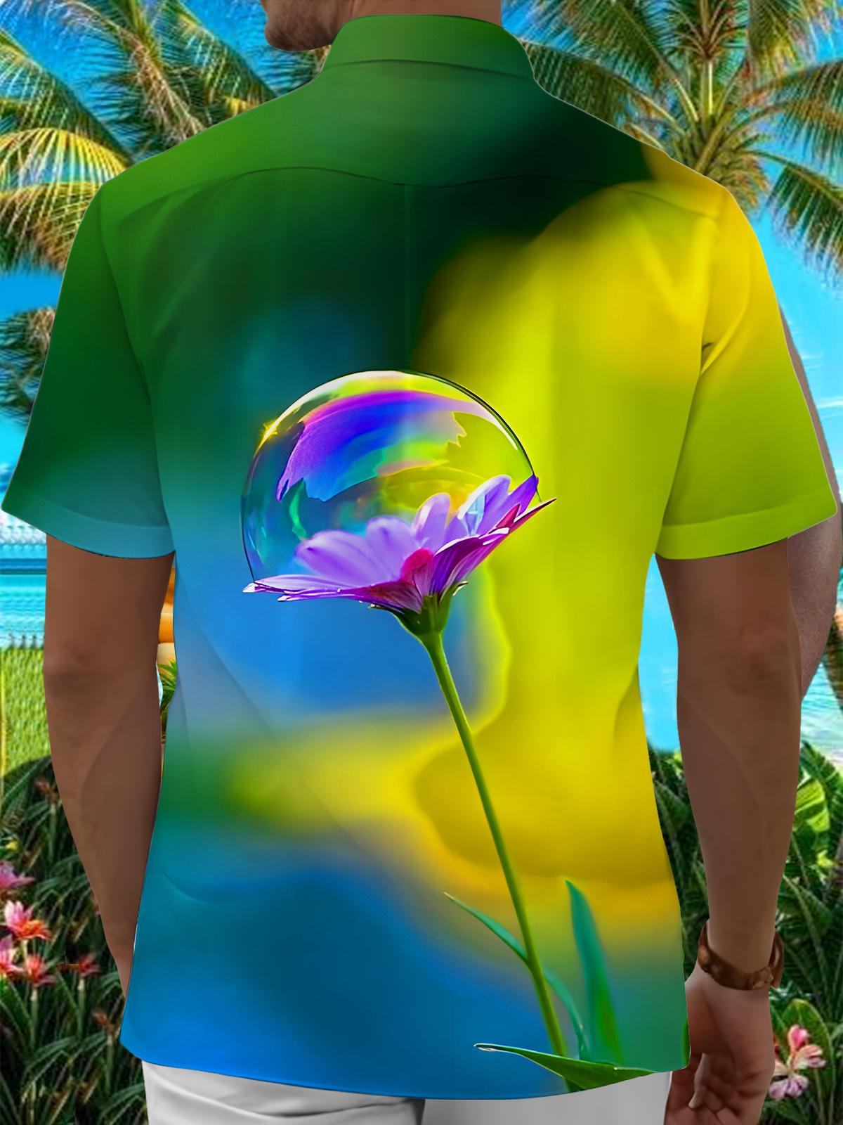 Purple Flower With Bubble Men's Pocket Short Sleeve Shirts