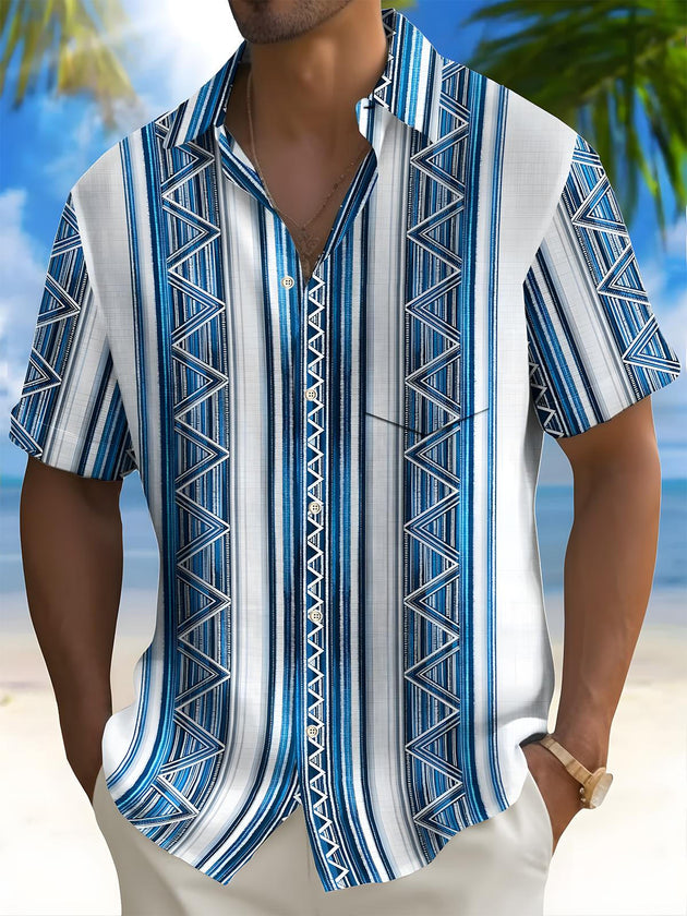 Men's short sleeve geometric pattern pocket shirt front view
