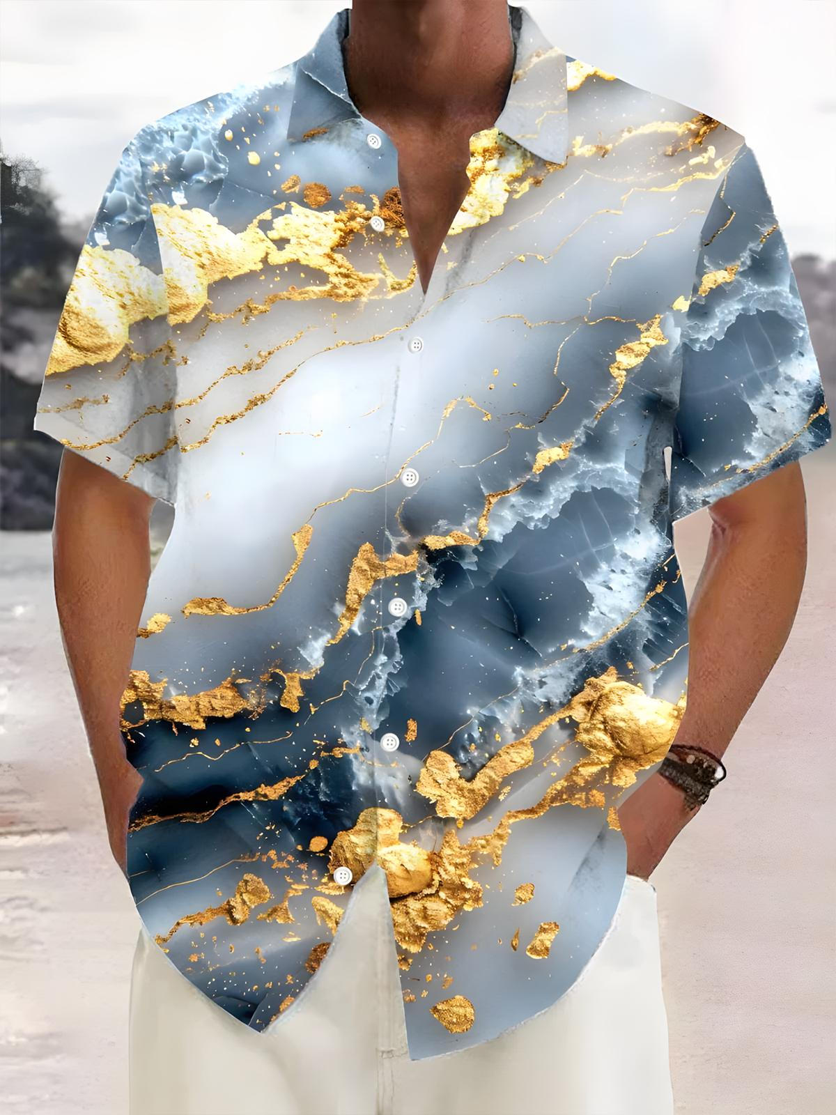 Abstract Marble Textured Print Men's Pocket Short Sleeve Shirts