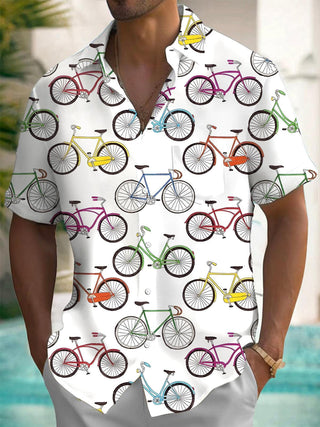 Men's Bicycle Print Pocket Short Sleeve Shirt Front View
