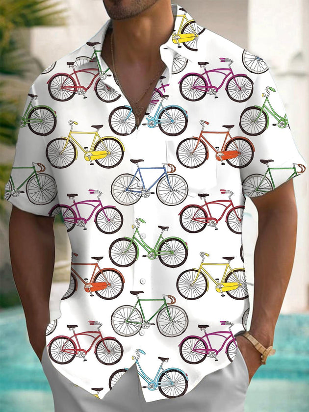 Men's Bicycle Print Pocket Short Sleeve Shirt Front View