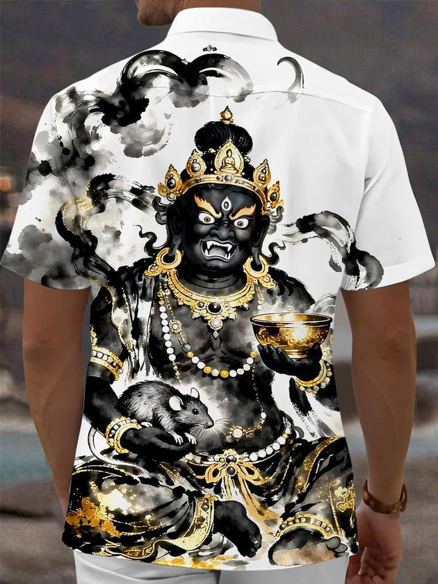 Men's black Buddhism Jambhala print pocket short sleeve shirt back view
