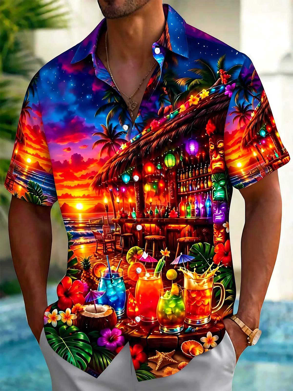 Tropical Beach Tiki Bar Print Men's Pocket Short Sleeve Shirts