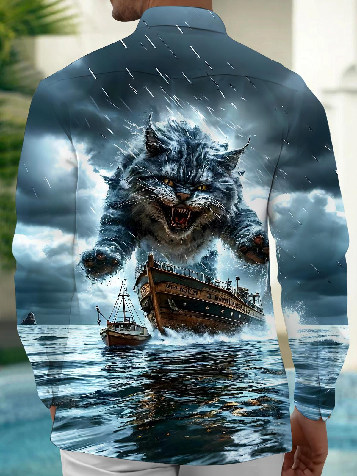 Cat Boat Men's Pocket Long Sleeve Shirts