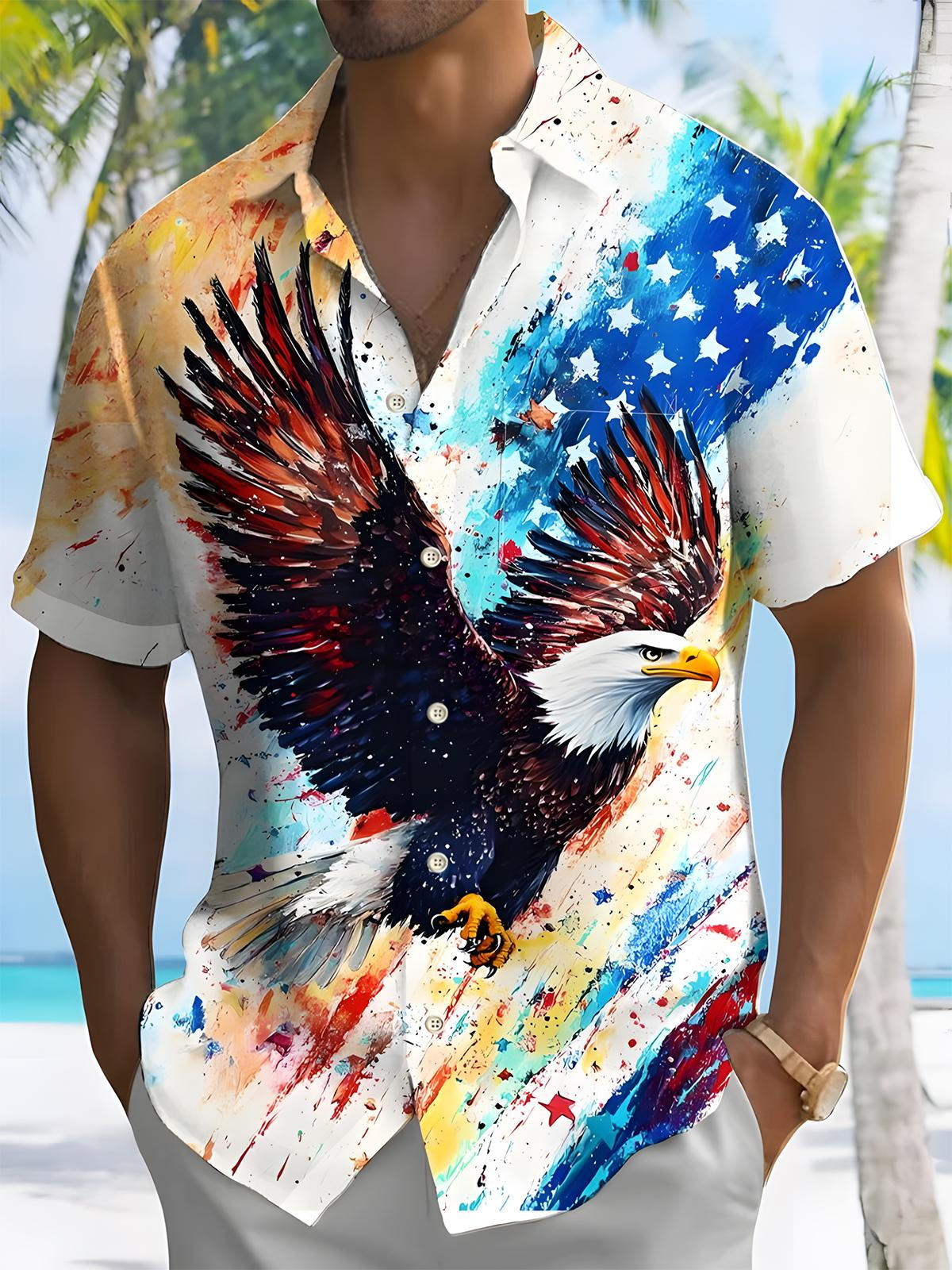 Eagle Flag Print Men's Pocket Short Sleeve Shirts