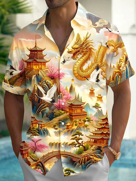 Art Gilded Golden Dragon Crane Mountain Pavilion Landscape Men's Pocket Short Sleeve Shirts