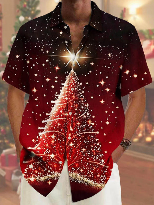 Men's Christmas Tree short sleeve shirt front view for Christmas holiday party