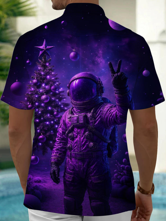 Men's astronaut Christmas tree print short sleeve shirt back view