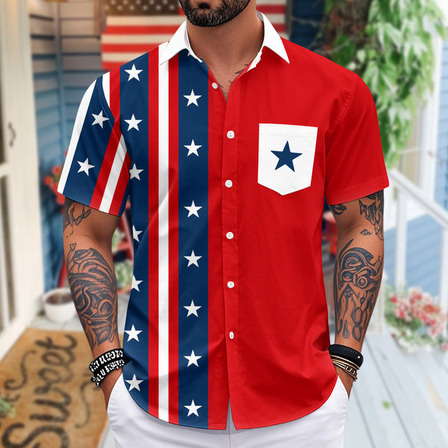 Hawaiian American Flag Shirt Stars and Stripes Patriotic Button Down Shirts Casual Resort Wear for Daily Wear imaginative