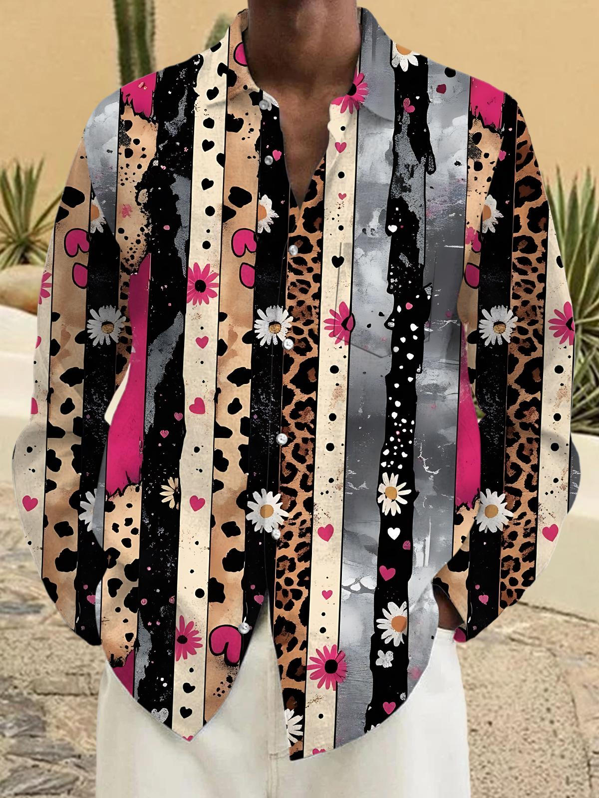 Floral Leopard Stripes Print Men's Pocket Long Sleeve Shirts