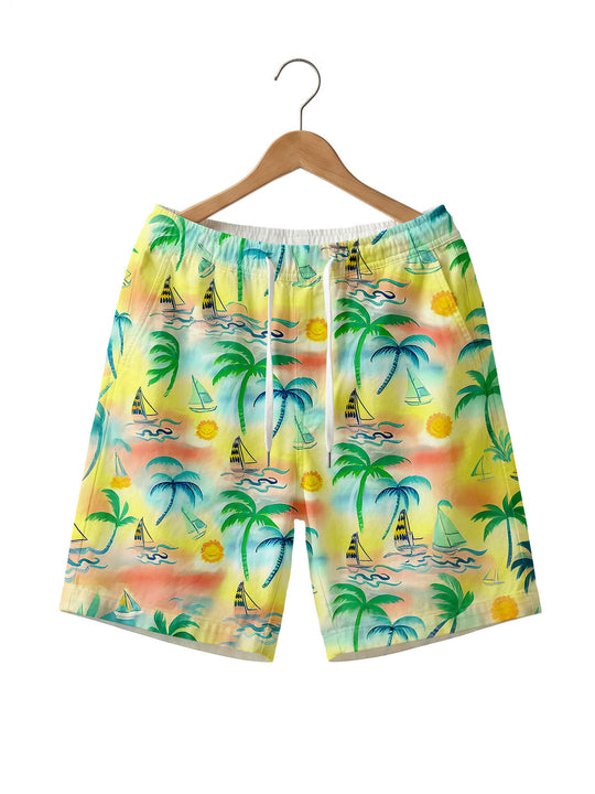 Men's Hawaiian coconut tree print pocket shorts front view tropical beach vacation