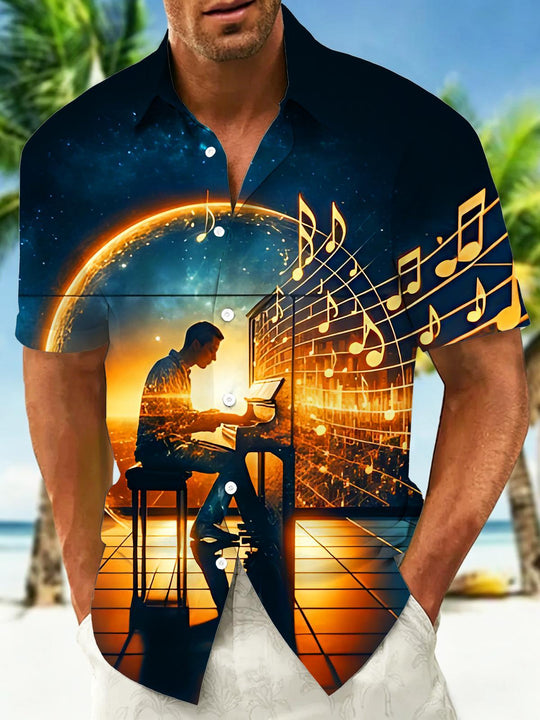 Dark Neon Starry Sky Piano Music Notes Men's Pocket Short Sleeve Shirts