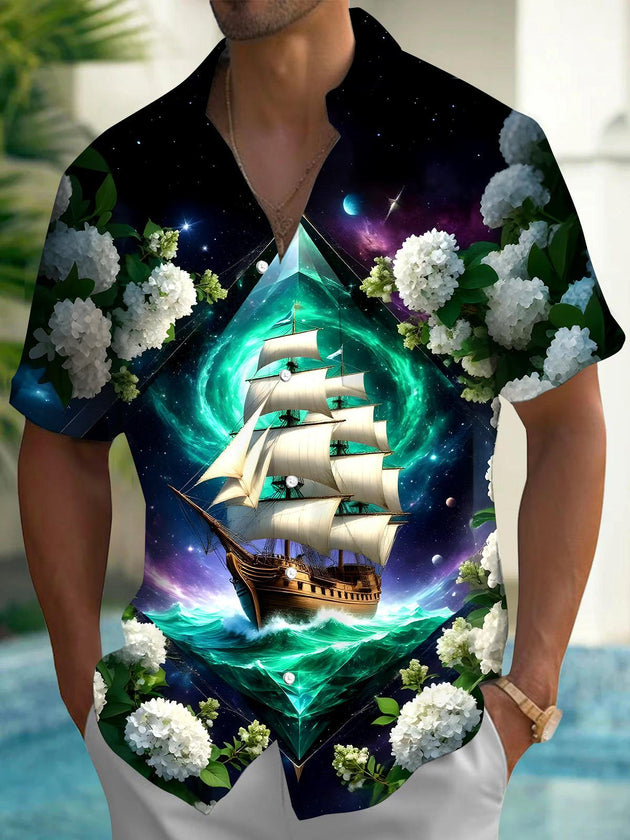 Men's Hawaiian floral short sleeve shirt front view for tropical beach vacation