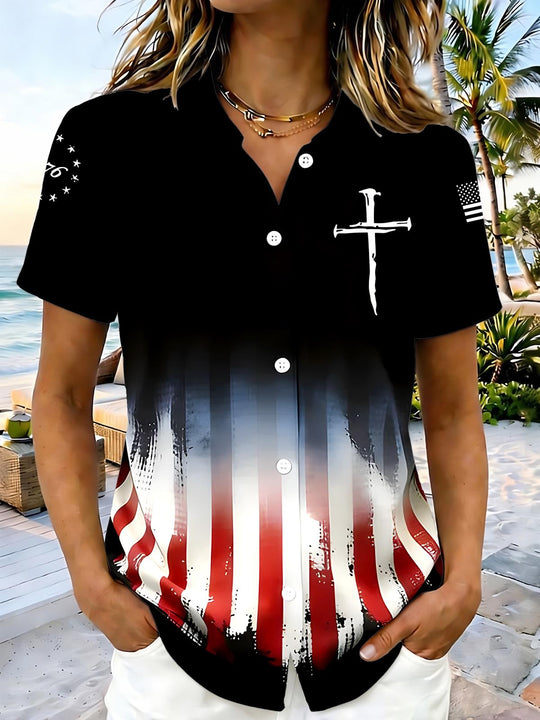 women's American flag print shirt front view Independence Day