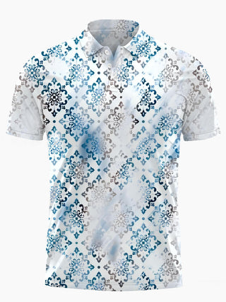 Men's ethnic print short sleeve button polo shirt front view