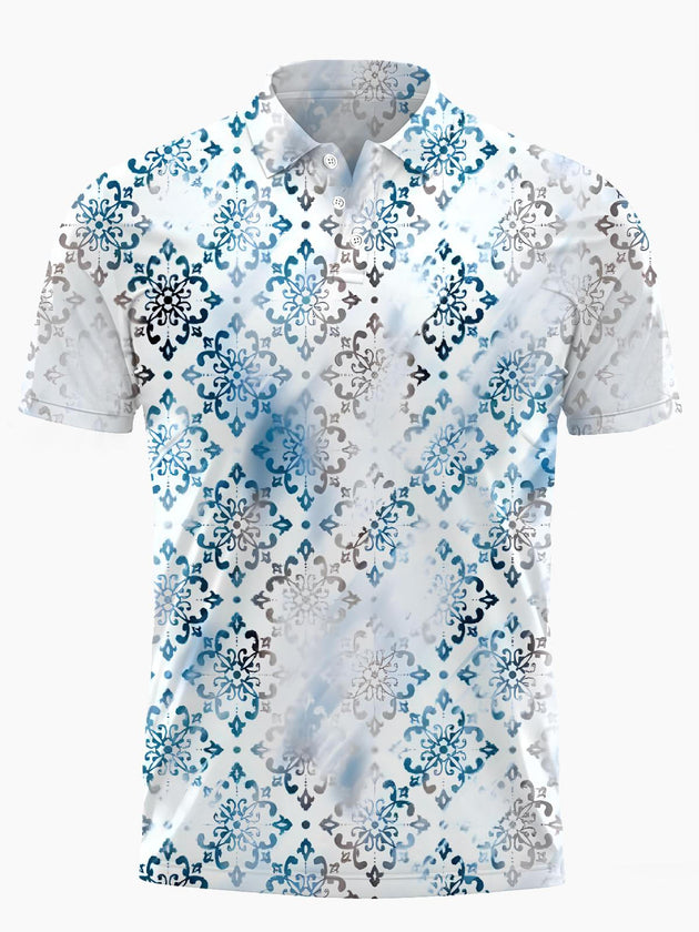 Men's ethnic print short sleeve button polo shirt front view