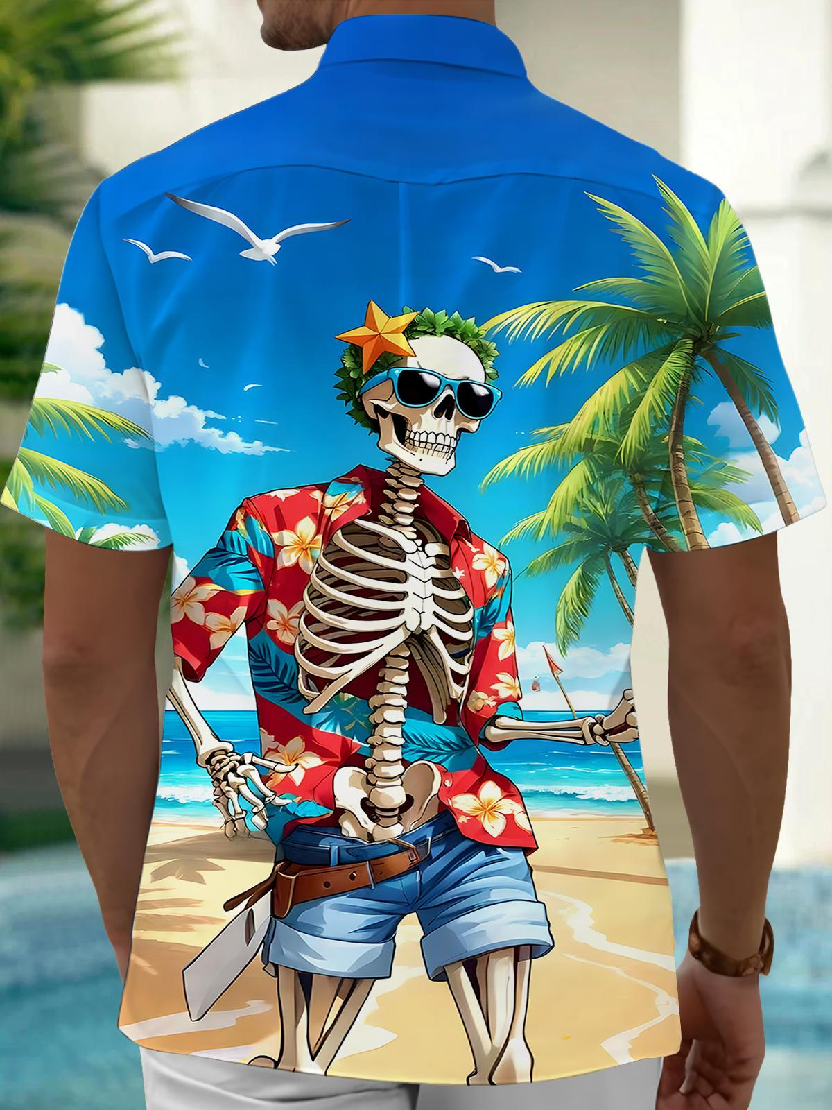 Hawaiian Skull Coconut Tree Men's Pocket Short Sleeve Shirts