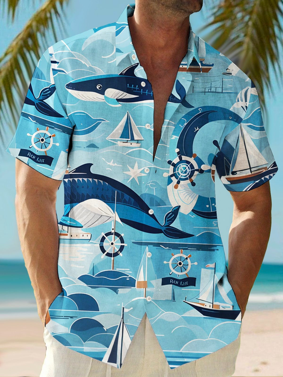 Hawaiian Sailing Sailboat Whale Print Men's Pocket Short Sleeve Shirts