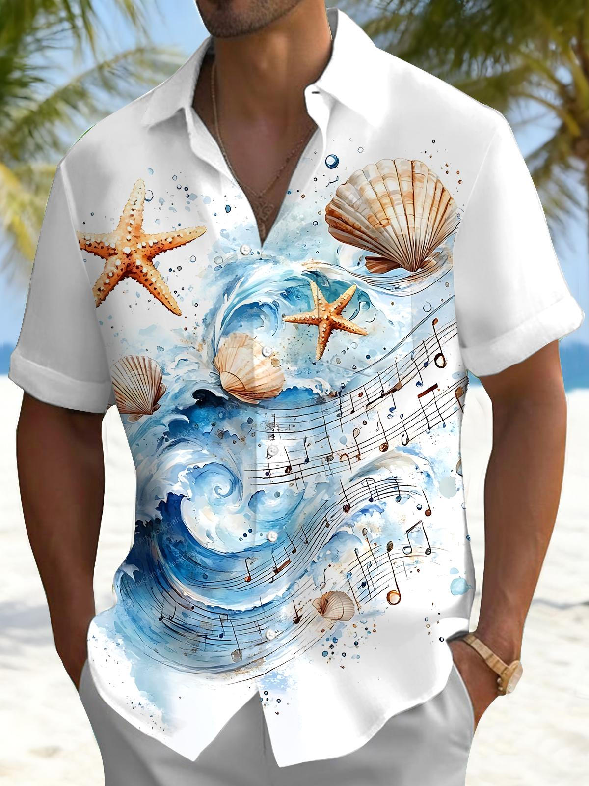 Ocean Shell Note Print Men's Pocket Short Sleeve Shirts
