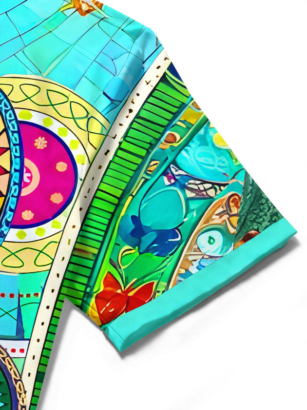Men's colorful music note geometry print short sleeve shirt close-up detail