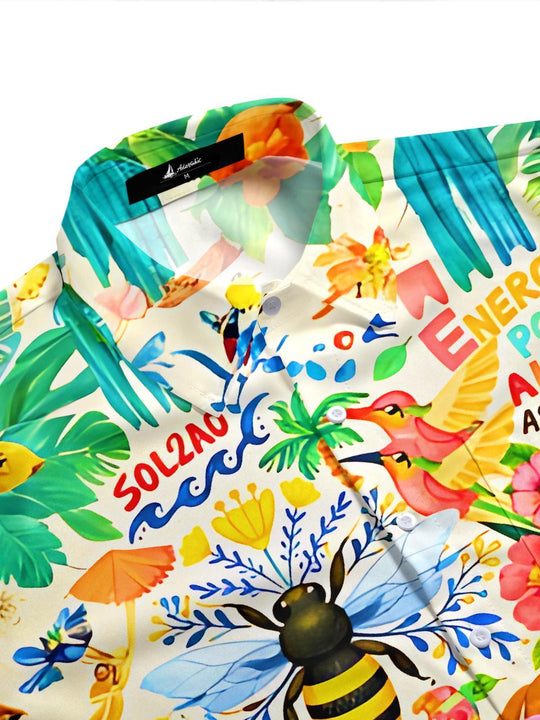 Hawaiian Fun Animal Dog Parrot Bee Flower Leaf Men's Pocket Short Sleeve Shirts