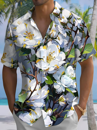 Men's floral short sleeve Hawaiian shirt front view for tropical beach vacation