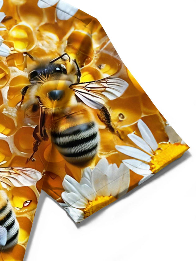Men's bee daisy print short sleeve shirt close-up of pocket embroidery detail
