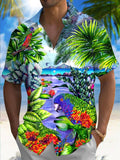 Hawaiian Plants and Parrots Print Men's Pocket Short Sleeve Shirts