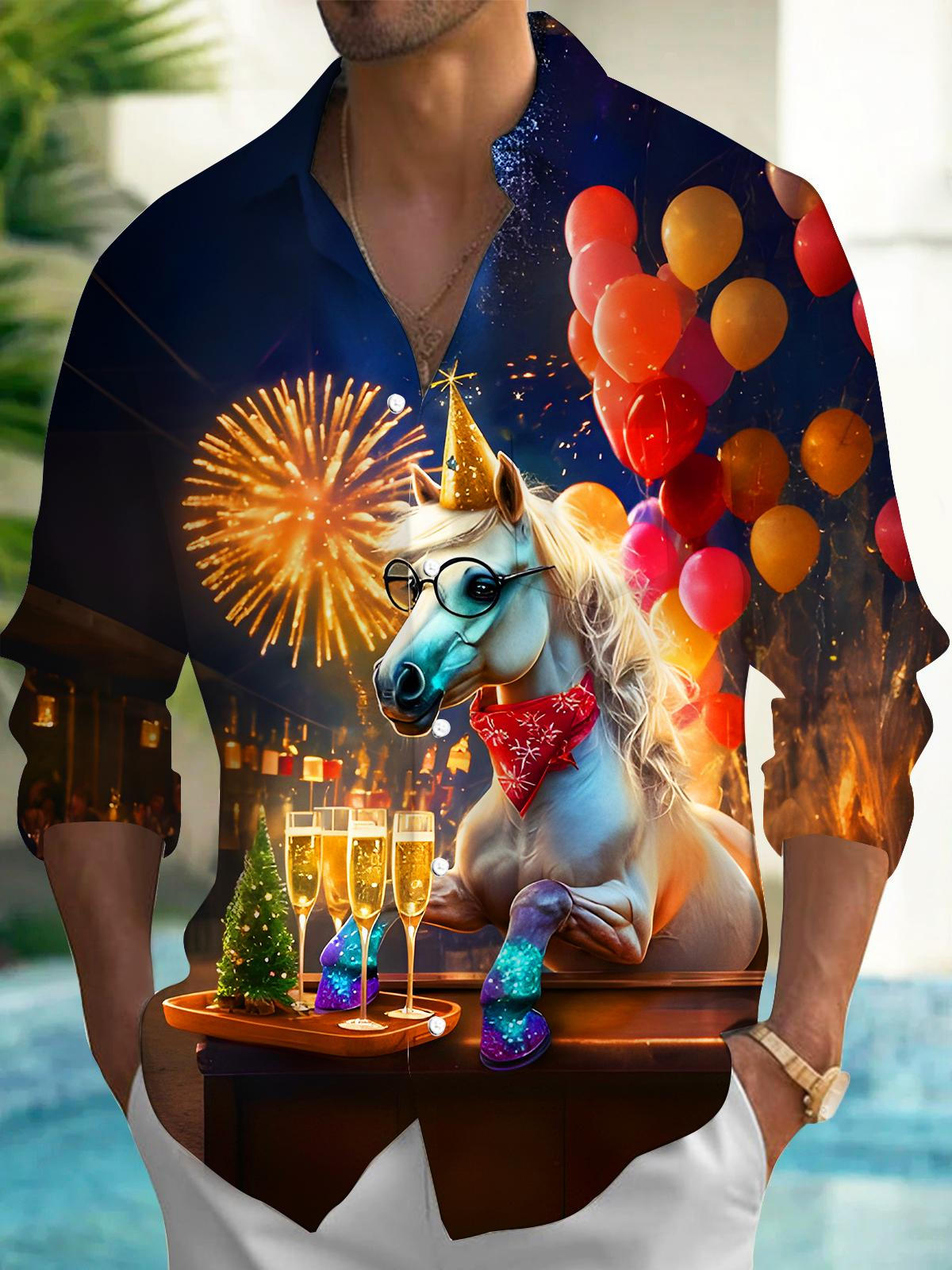 Fun Festival Horse Champagne Fireworks Balloons Men's Pocket Long Sleeve Shirts