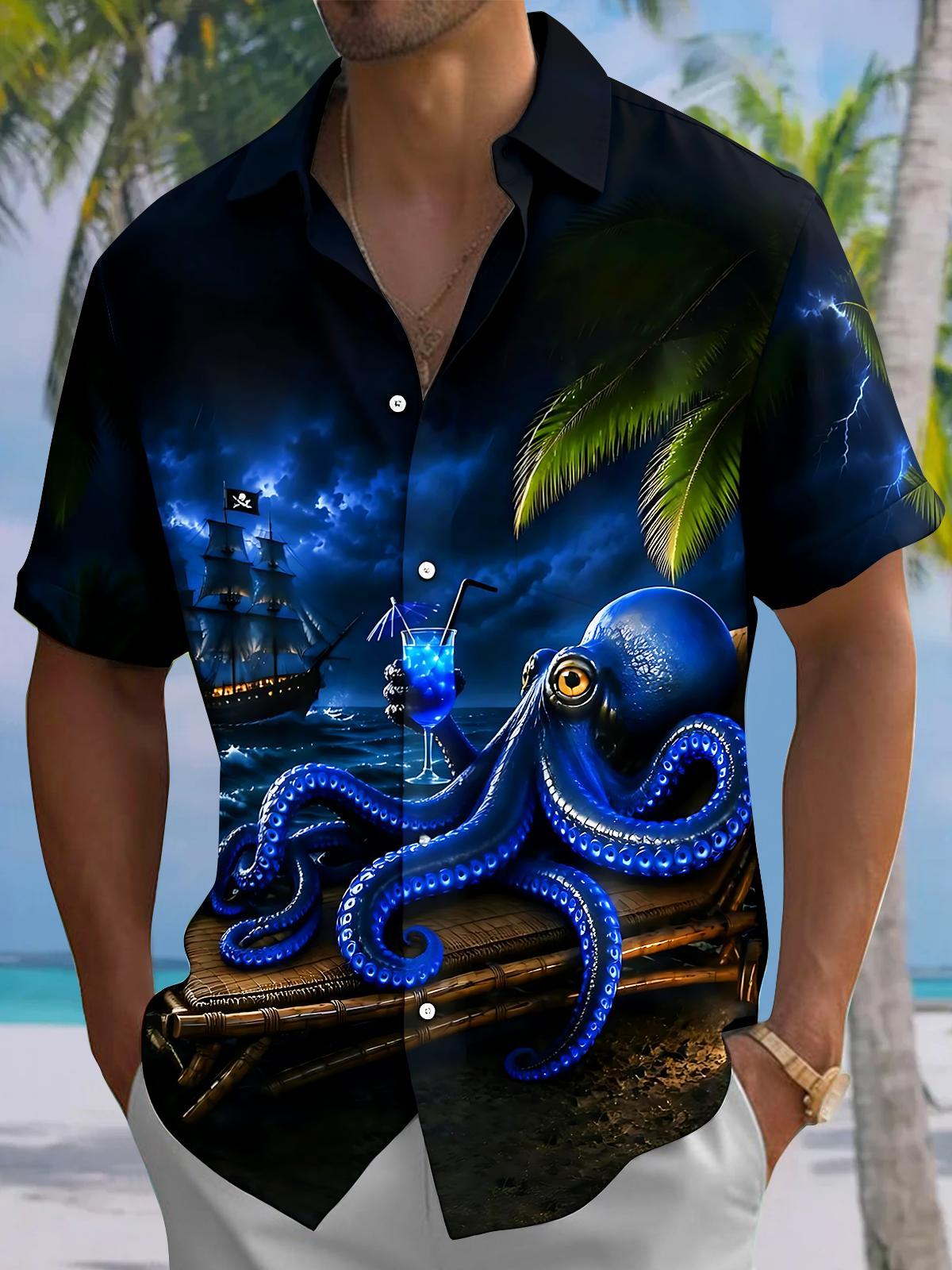 Hawaiian Boat Octopus Men's Pocket Short Sleeve Shirts