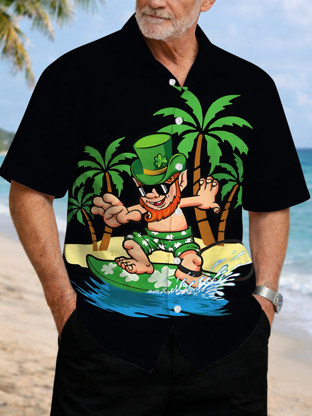 Hawaiian St. Patrick's Day Leprechaun Surfing Print Men's Pocket Short Sleeve Shirts