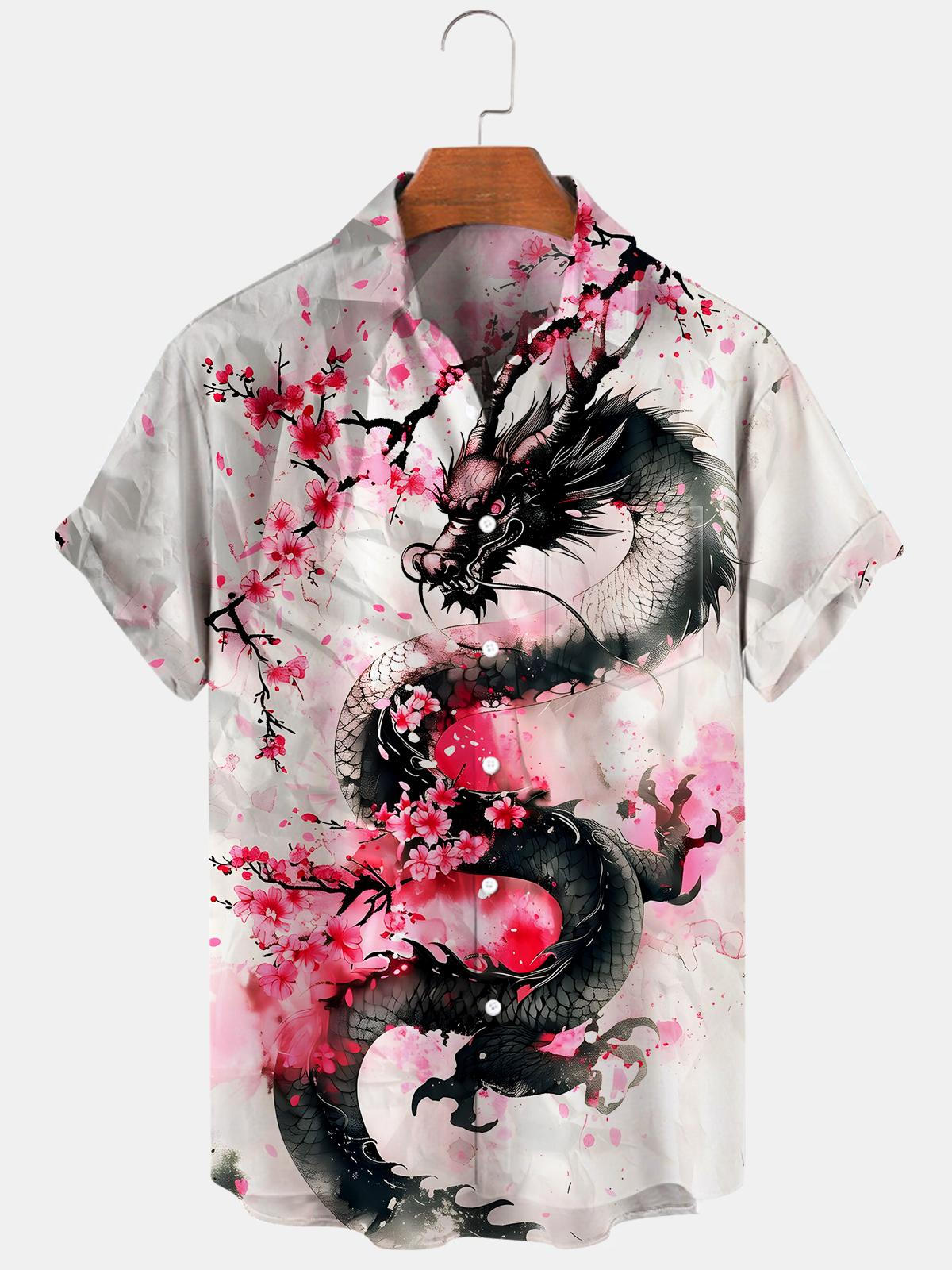 Dragon Floral Men's Pocket Short Sleeve Shirts