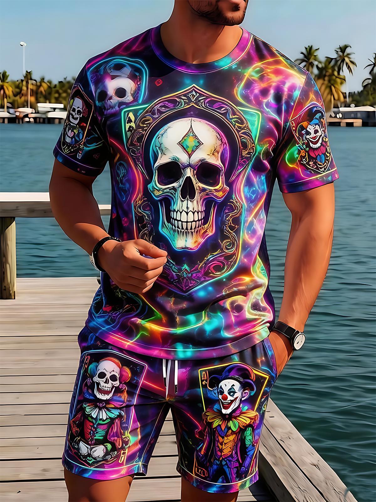 Neon Colorful Skull Joker Clown Men's Short Sleeve Round Neck T-shirt And Shorts Set
