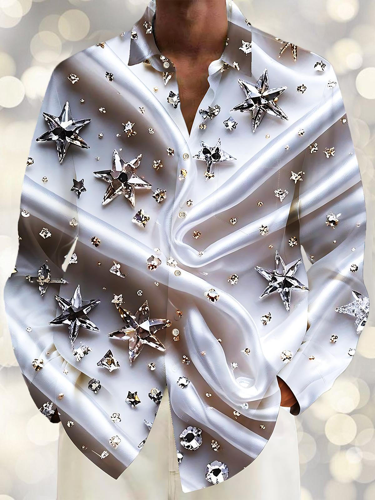 Gradient Abstract Star Print Men's Pocket Long Sleeve Shirts