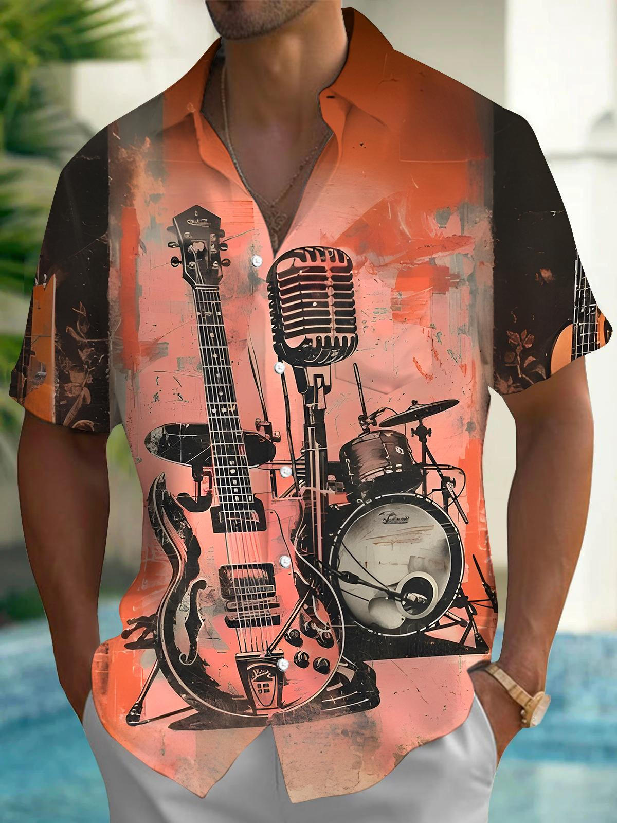 Retro Drum Set Guitar Music Instrument Men's Pocket Short Sleeve Shirts