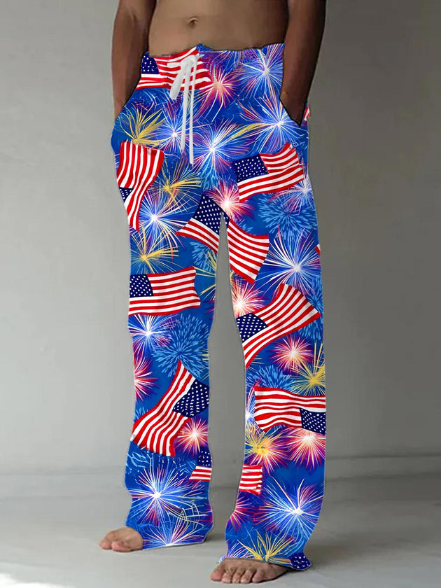 Men's American flag print casual elastic waist pants front view Independence Day