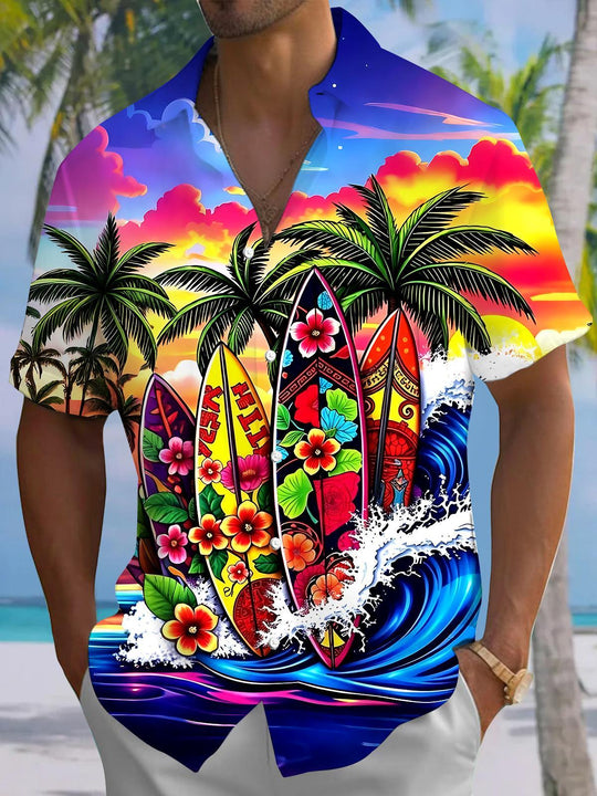 Hawaiian Coconut Tree Skateboard Men's Pocket Short Sleeve Shirts