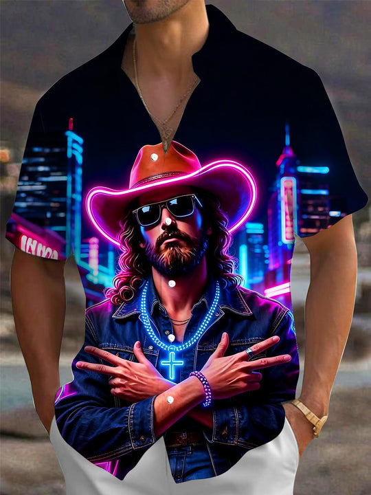 Neon Western Cowboy Cool Jesus Religious Men's Pocket Short Sleeve Shirts