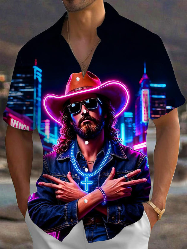 Neon Western Cowboy Cool Jesus Religious Men's Pocket Short Sleeve Shirts
