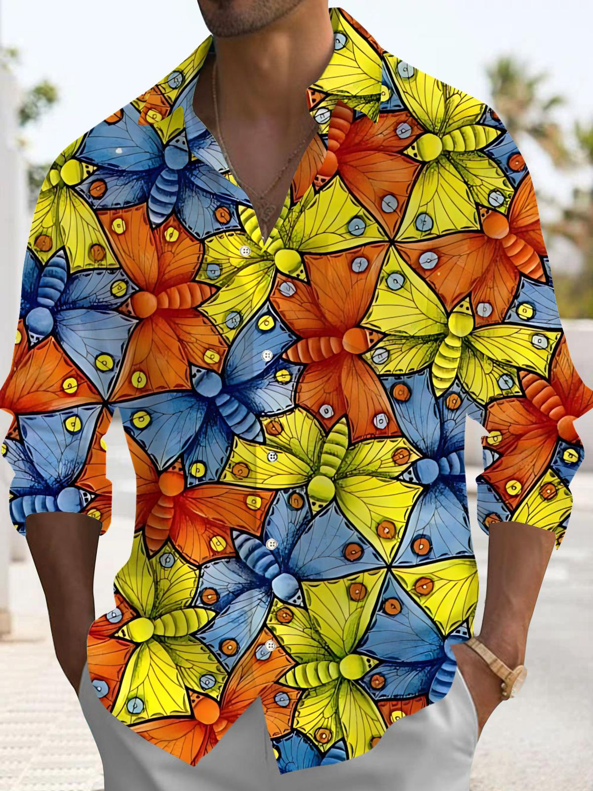 Butterfly Art Print Men's Pocket Long Sleeve Shirts