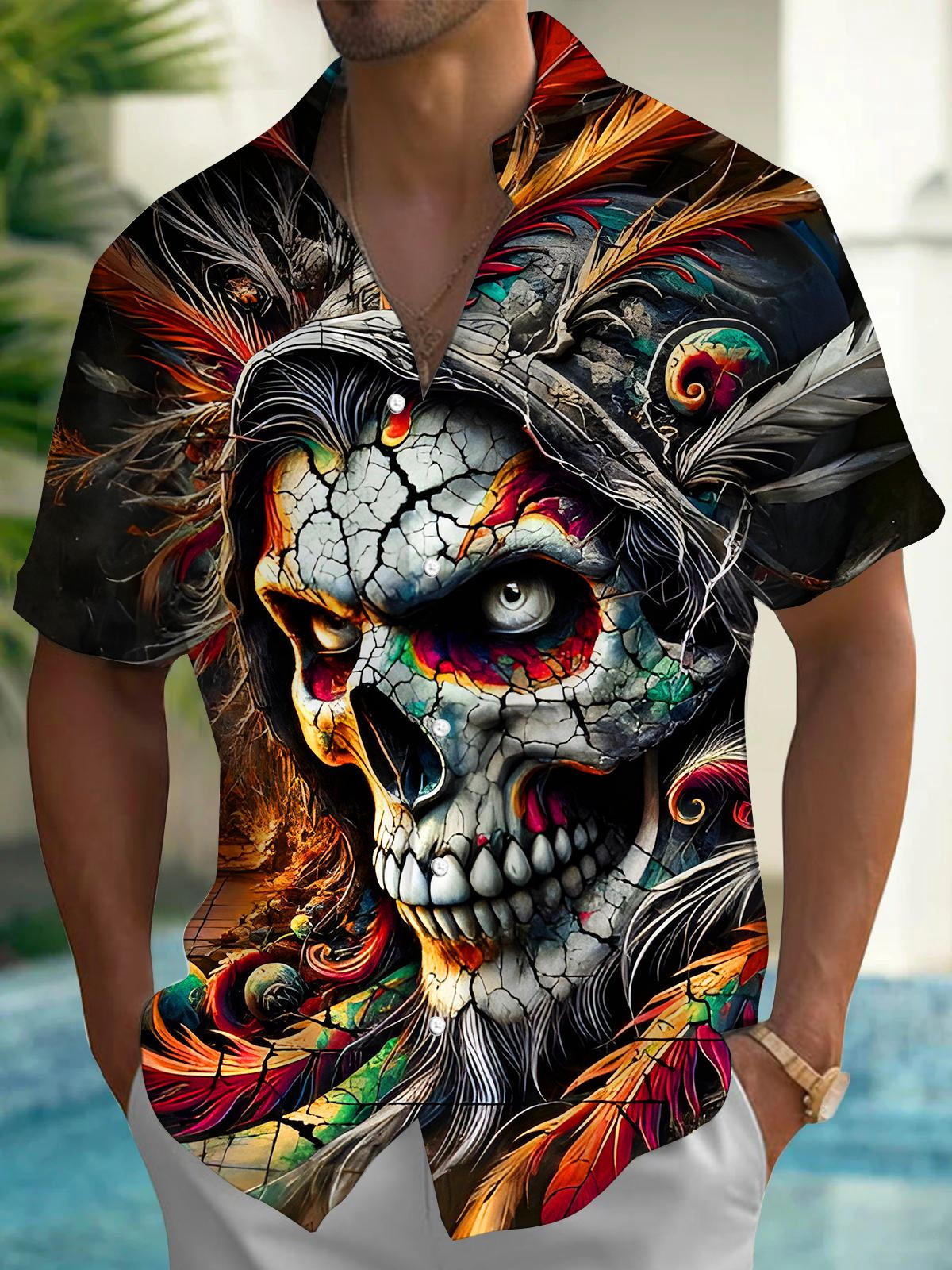 Funny Dark Skull Feather Halloween Men's Pocket Short Sleeve Shirts
